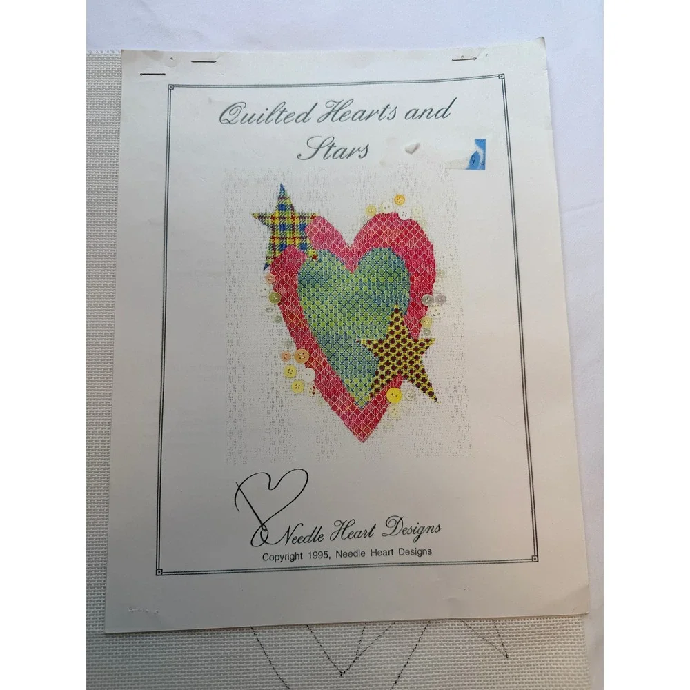 Vintage Needle Heart Designs Quilted Hearts Stars Needlepoint Canvas with Guide